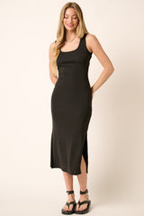 Black Sleeveless Double Slit Maternity Midi Dress