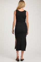 Black Sleeveless Double Slit Maternity Midi Dress