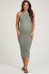 Sage Sleeveless Ribbed Fitted Maternity Midi Dress