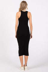 Black Sleeveless Ribbed Fitted Midi Dress