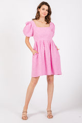 Pink Textured Bubble Sleeve Mini Dress