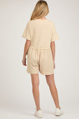 Beige Button Down Maternity Romper