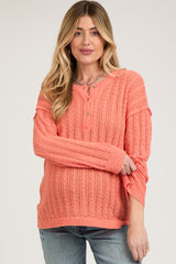 Coral Open Knit Front Button Maternity Sweater