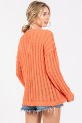 Coral Open Knit Front Button Sweater