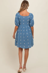 Blue Floral Embroidered Button Front Short Sleeve Maternity Dress