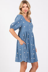 Blue Floral Embroidered Button Front Short Sleeve Dress