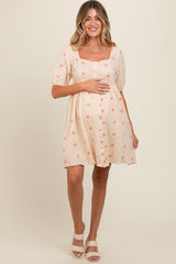 Beige Floral Embroidered Button Front Short Sleeve Maternity Dress