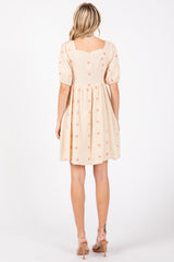 Beige Floral Embroidered Button Front Short Sleeve Dress