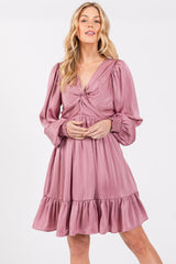 Mauve Striped Satin Twist Front Dress