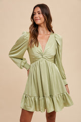 Mint Green Striped Satin Twist Front Dress