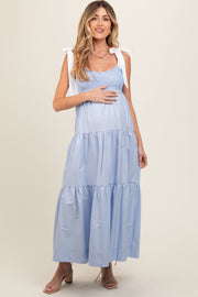 Light Blue Contrast Shoulder Straps Maternity Maxi Dress