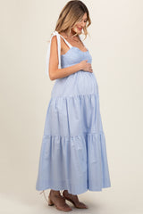 Light Blue Contrast Shoulder Straps Maternity Maxi Dress