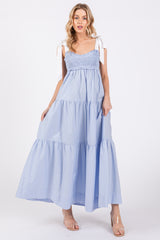 Light Blue Contrast Shoulder Straps Maternity Maxi Dress