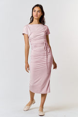 Lavender Boat Neck Side Ruched Waist Tie Midi Dress