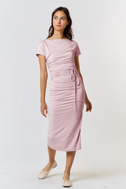 Lavender Boat Neck Side Ruched Waist Tie Midi Dress