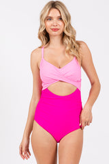 Pink Color Block Wrap Front Cutout One Piece Swimsuit