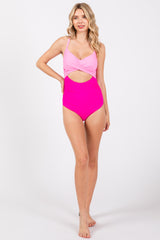 Pink Color Block Wrap Front Cutout One Piece Swimsuit