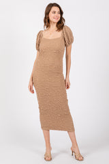 Taupe Textured Square Neck Puff Sleeve Midi Dress