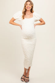 Ivory Textured Square Neck Puff Sleeve Maternity Midi Dress