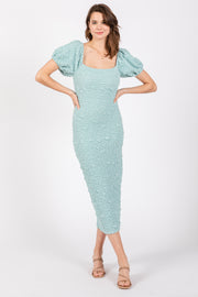 Mint Textured Square Neck Puff Sleeve Midi Dress