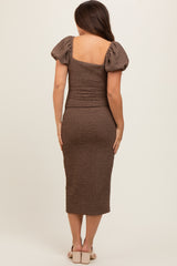 Brown Popcorn Textured Short Puff Sleeve Maternity Midi Dress