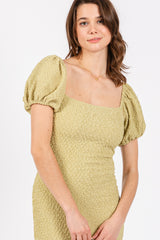 Lime Popcorn Textured Short Puff Sleeve Midi Dress