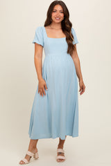 Light Blue Puff Sleeve Linen Maternity Midi Dress