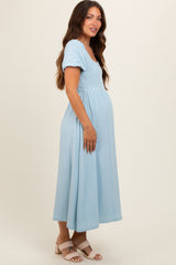 Light Blue Puff Sleeve Linen Maternity Midi Dress