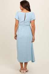 Light Blue Puff Sleeve Linen Maternity Midi Dress