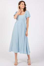 Light Blue Puff Sleeve Linen Midi Dress