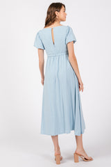 Light Blue Puff Sleeve Linen Midi Dress