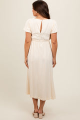 Ivory Puff Sleeve Linen Maternity Midi Dress