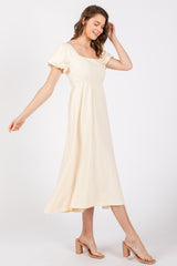 Ivory Puff Sleeve Linen Midi Dress