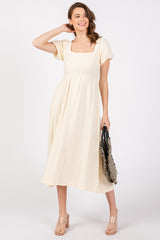 Ivory Puff Sleeve Linen Midi Dress