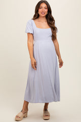 Lavender Puff Sleeve Linen Maternity Midi Dress