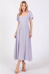 Lavender Puff Sleeve Linen Maternity Midi Dress