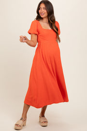 Coral Puff Sleeve Linen Maternity Midi Dress