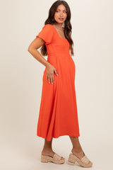 Coral Puff Sleeve Linen Maternity Midi Dress