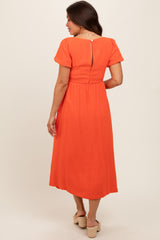 Coral Puff Sleeve Linen Maternity Midi Dress