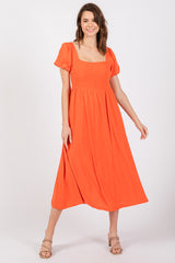 Coral Puff Sleeve Linen Maternity Midi Dress