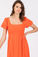 Coral Puff Sleeve Linen Midi Dress