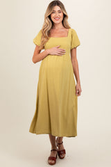 Lime Puff Sleeve Linen Maternity Midi Dress