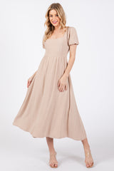 Taupe Puff Sleeve Linen Maternity Midi Dress