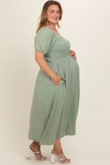 Mint Green Smocked Short Sleeve Maternity Plus Midi Dress