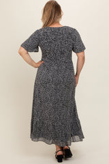 Black Dotted Smocked V-Neck Short Sleeve Maternity Plus Maxi Dress