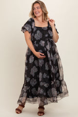 Black Floral Organza Square Neck Maternity Plus Midi Dress