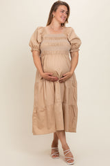 Taupe Smocked Square Neck Tiered Maternity Plus Midi Dress