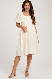 Cream Textured Floral Square Neck Puff Sleeve Maternity Dress