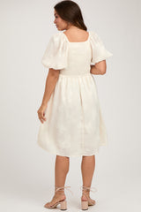 Cream Textured Floral Square Neck Puff Sleeve Maternity Dress