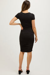 Black Ruched Fitted Maternity Dress